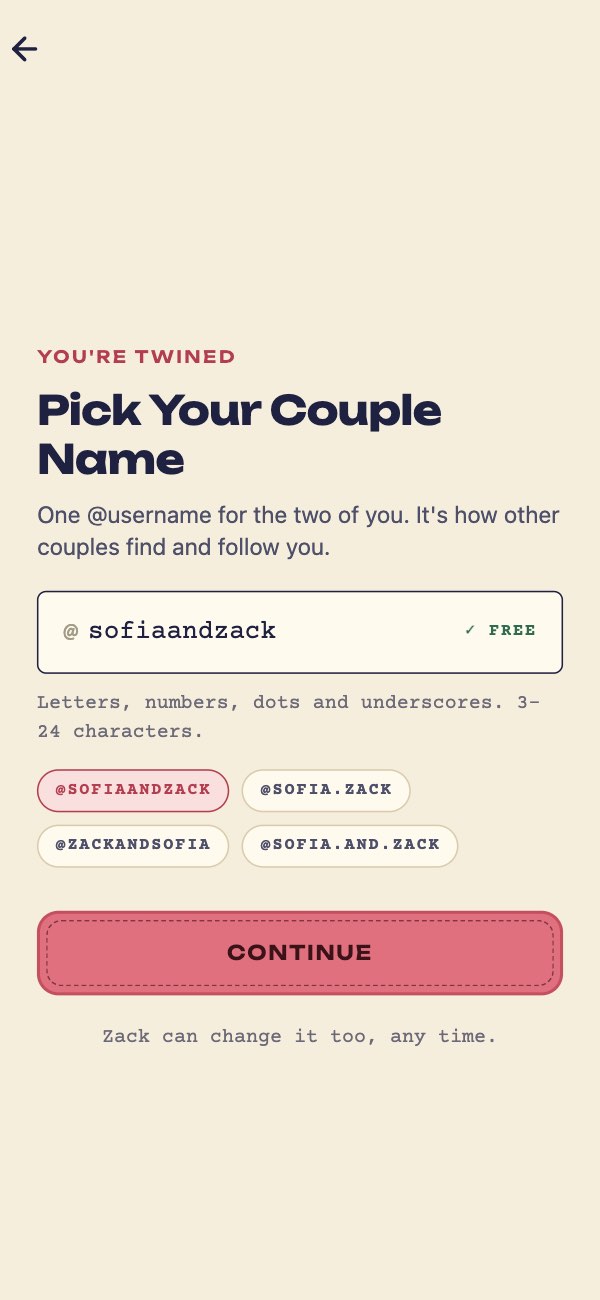 Pick Your Couple Name: @sofiaandzack is free, with suggestions.