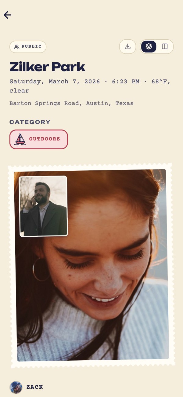 Date details for Zilker Park: Zack's photo of Sofia with Sofia's photo of Zack inset, the place, time, weather and both of your lines.