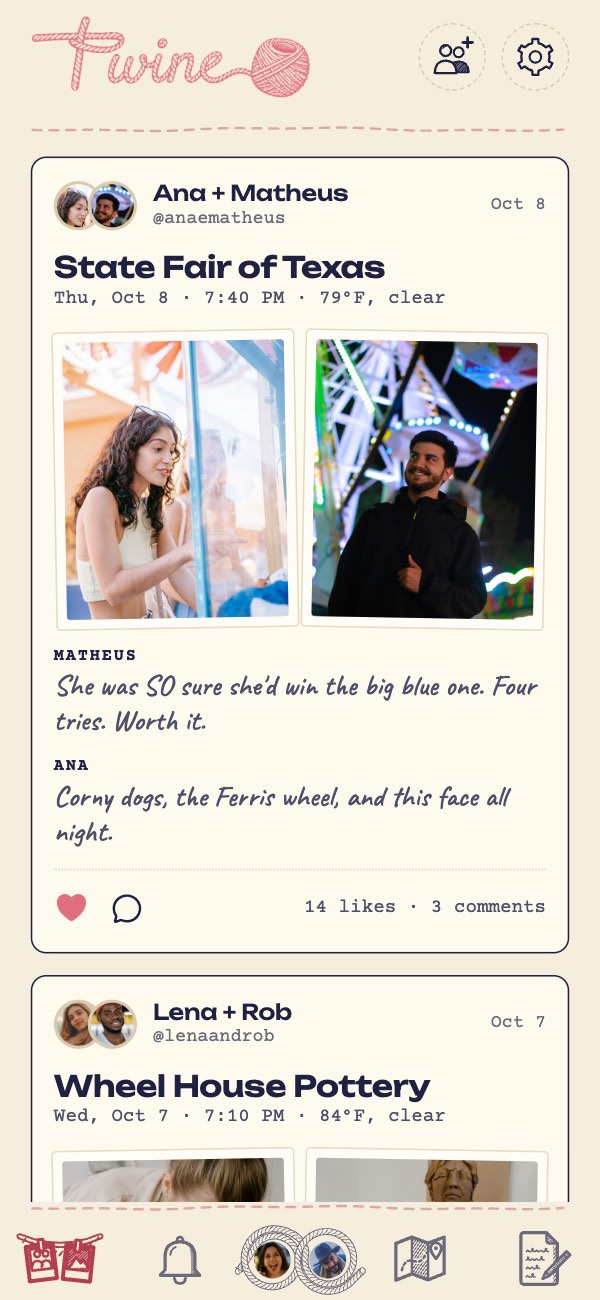 Twine Feed: Ana + Matheus at the State Fair of Texas, with a heart, comments and 14 likes, then Lena + Rob's date.
