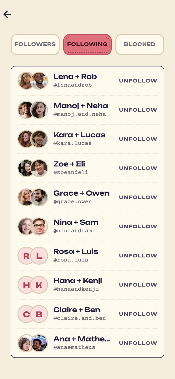 Following: the couples Sofia + Zack follow, with Followers, Following and Blocked tabs.