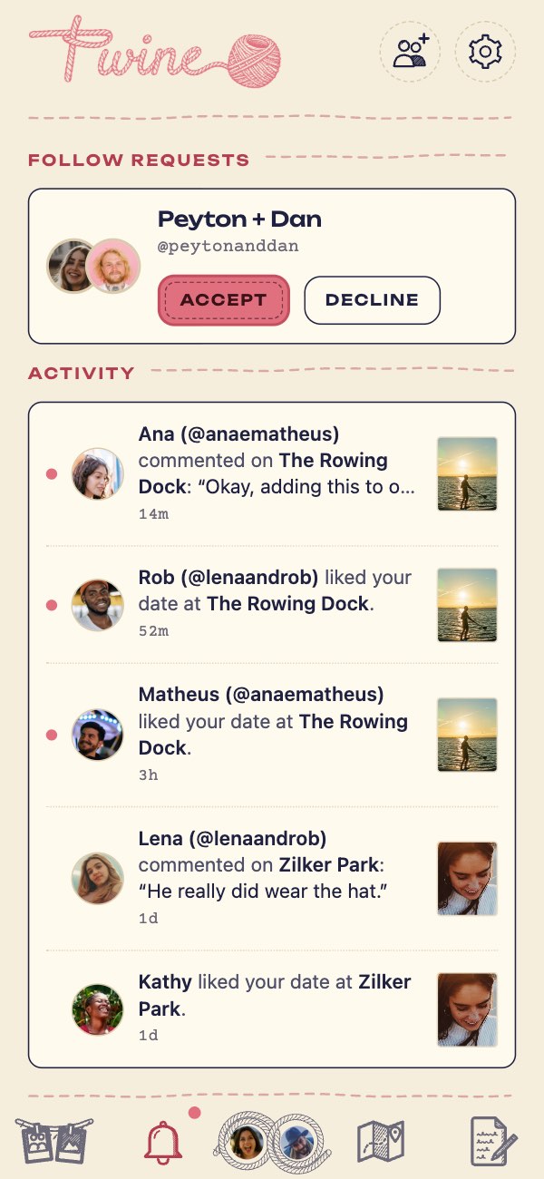 Notifications: a follow request from Peyton + Dan with Accept and Decline, then new likes and comments on Sofia + Zack's dates.