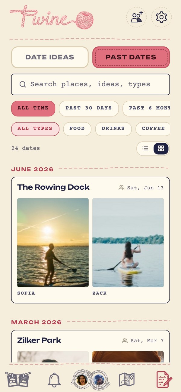 Past Dates in image view: The Rowing Dock in June 2026 and Zilker Park in March 2026, each with both photos side by side and a mark for shared dates.