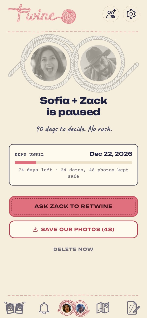 Sofia + Zack is paused: kept until Dec 22, 2026, with 74 days left and everything kept safe.