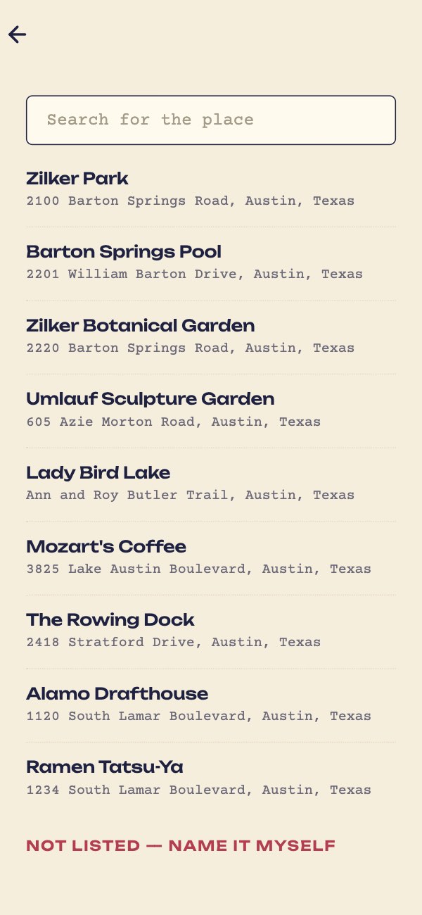 Log a date: search for the place, or pick from nearby spots like Zilker Park and Barton Springs Pool.