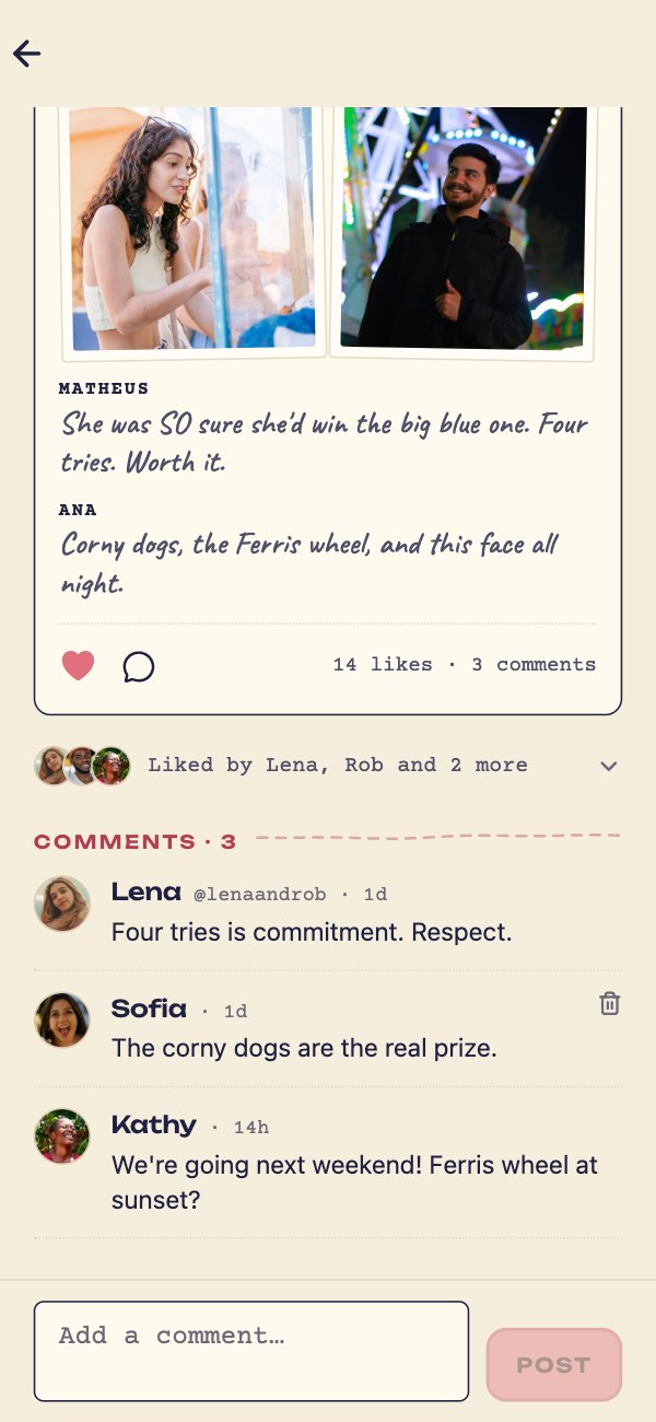 A shared date with its likes and comments: liked by Lena, Rob and 2 more, and comments from Lena, Sofia and Kathy, with a box to add one.