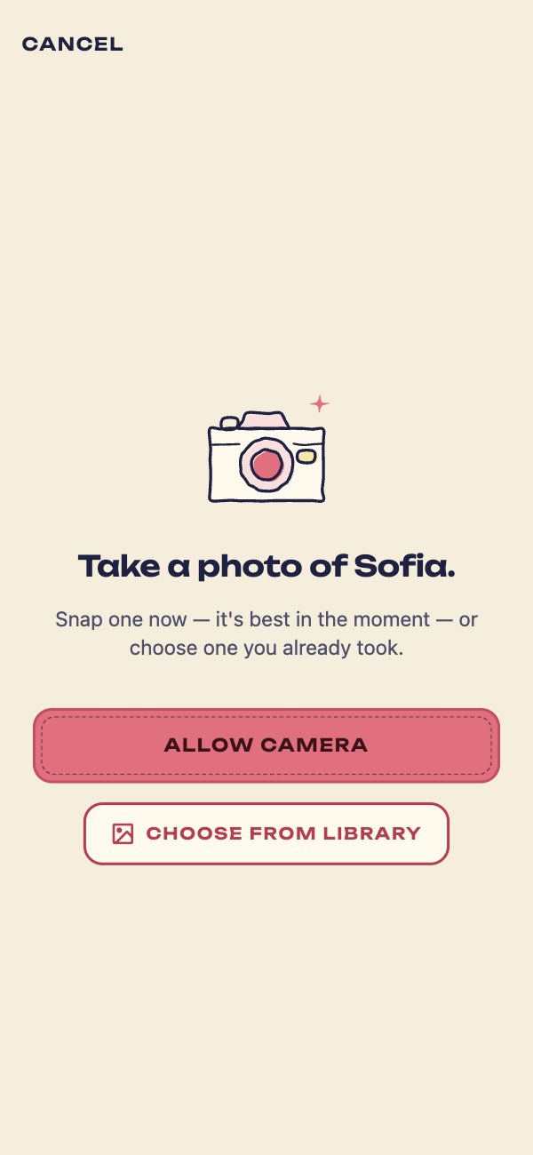 Take a photo of Sofia: Allow Camera or Choose From Library.