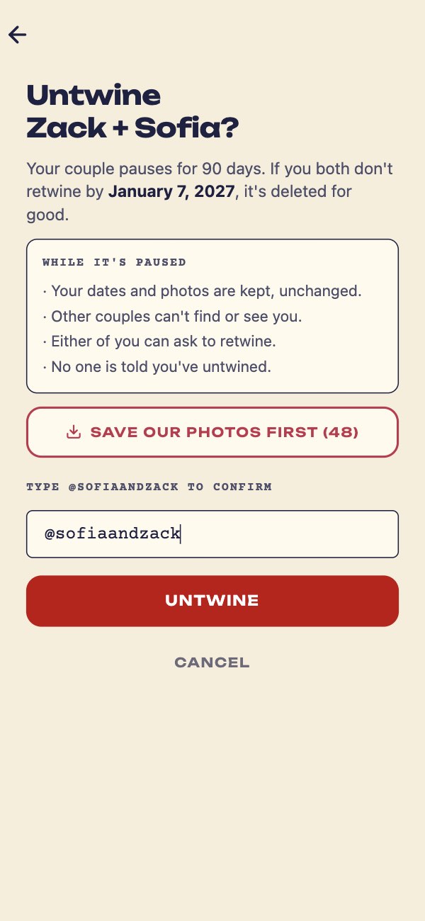 Untwine Zack + Sofia: what pausing means, Save Our Photos First, and typing @sofiaandzack to confirm.