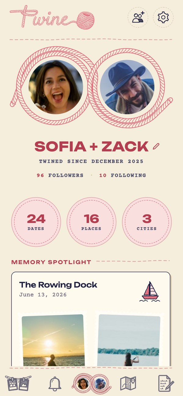 Twine's Us screen: Sofia and Zack's photos inside a figure-eight rope, twined since December 2025, with 24 dates, 16 places and 3 cities.